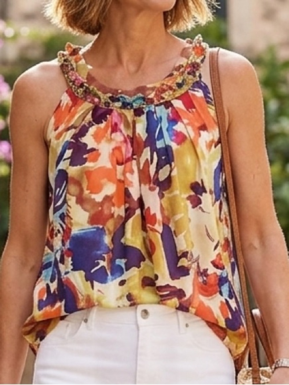 Joseph Multicolor Floral Beaded-Neck Sleeveless Top